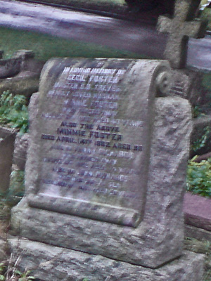 photograph of the weatherworn gravestone for Cecil and Minnie Foster, styled as a scroll draped over a rough slab