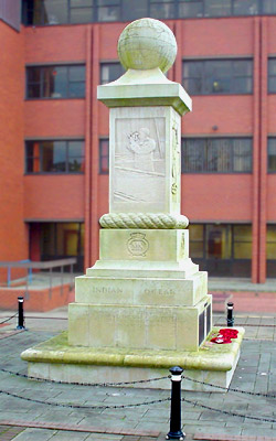 view of the square memorial column with globe capital and name plaques at base